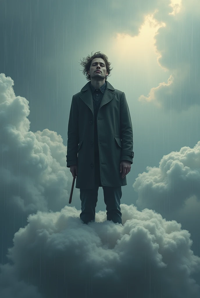 Sad man above a gray cloud 