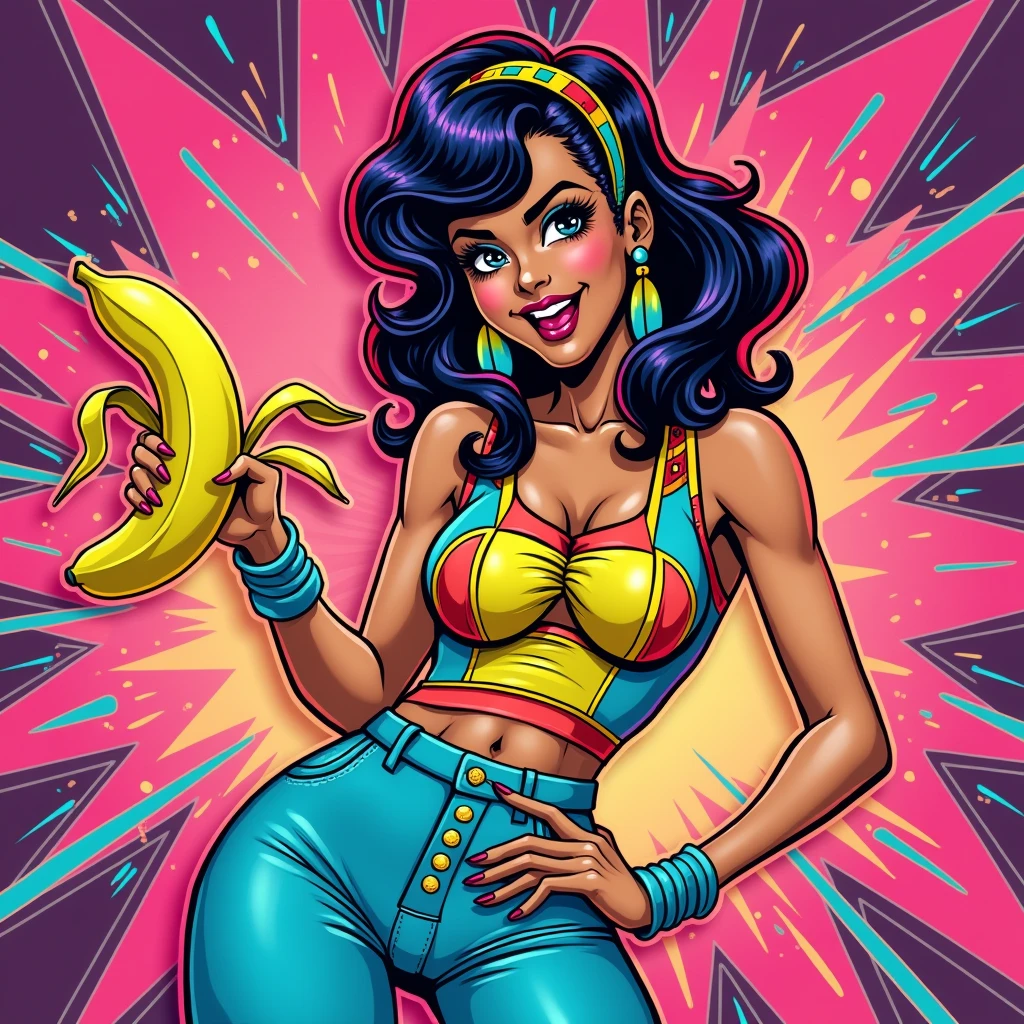 A busty girl with a banana in her hand, in the style of 80s comics 