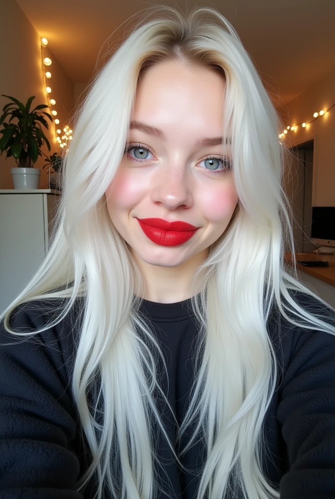 generate a photo of a woman ( 20-21 years old), long white hair, pale skin, baby blue eyes, red gloss lips and she wears a black fleece sweatshirt, Scenario: Room, selfie with a cute expression