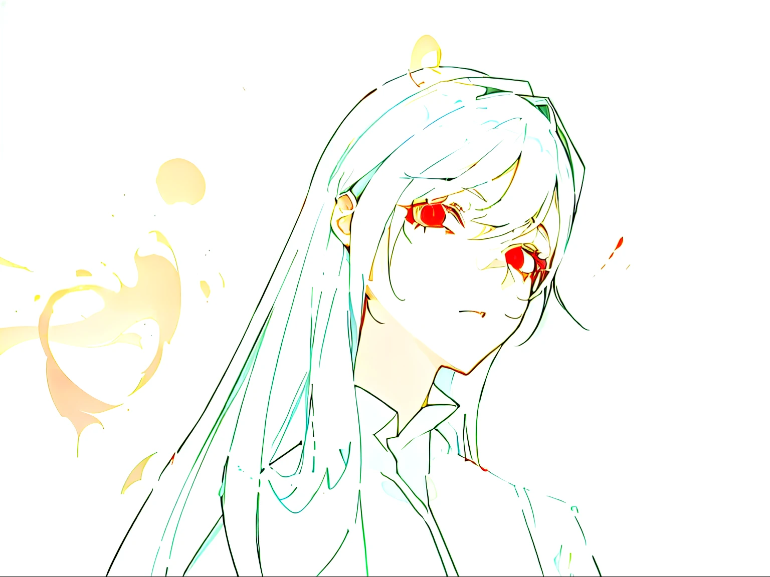 anime drawing of a woman with long white hair and red eyes, with red glowing eyes, ((red)) Bag Eye, with glowing red eyes, with red eyes, red eyes glowing, flat anime style shading, fully red eyes no pupils, his eyes are red and glowing, anime shading), His eyes were bleeding profusely, Kapmoe Yandere