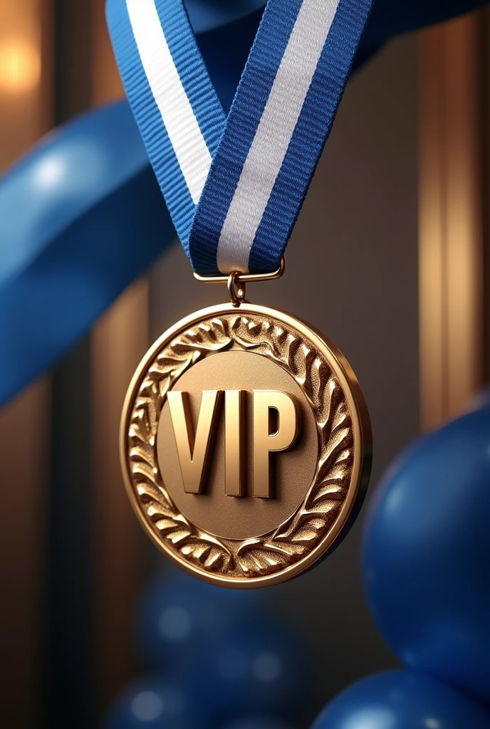 (Photorealism:1.2), beautiful medal with two-color ribbon((blue and white colors))necklace pendant "VIP 1", ((Hyper-Realism)), make this medal as a celebration of "VIP 1" from the company, paying homage, Write the name : ((Raphael Fraga Damaceno, from Royal Vending Company)).
