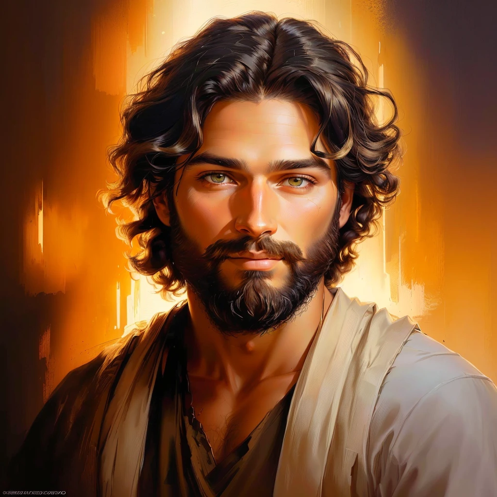 painting of a man with a beard and a beard on a light background, portrait of Jesus Christ, Jesus Christ, Greg Olsen, rosto de Jesus, Jesus of Nazareth, airbrushed digital oil painting, Jesus, Beautiful digital painting, The face of God, Beautiful digital painting, handsome man, digital oil painting, by Scott Gustafson, impressive digital painting