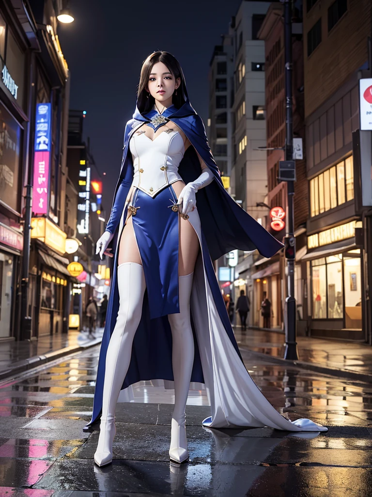 South korea asssassin's creed walk women mystery hooded on with modern royal Blue coat with long and wide sleeves with buttons and royal Blue cape and very high white heel over the knee and white gloves, As she reveals a small secret hidden blade coming from his palm , adding to the characters mysterious, with small movements of air on the cape, in summer at night under the rain, with buildings featuring curved eaves and detailed architecture. sophisticated and highly detailed, ultra hd, realistic, hyper detailed, enhanced colours, ultra sharp focus, with vibrant, rich in details High quality, gorgeous, captivating, 8k, super detailed, stunning shadows, detailed lines, blood stain on coat and gloves, corpses in the street recently murdered