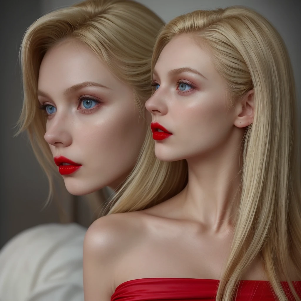 slavic woman, from the side , looking ahead, short tight dress, masterpiece, photographic quality, cinematic, long blonde hair, Red lips, very beautiful, quality skin texture.
