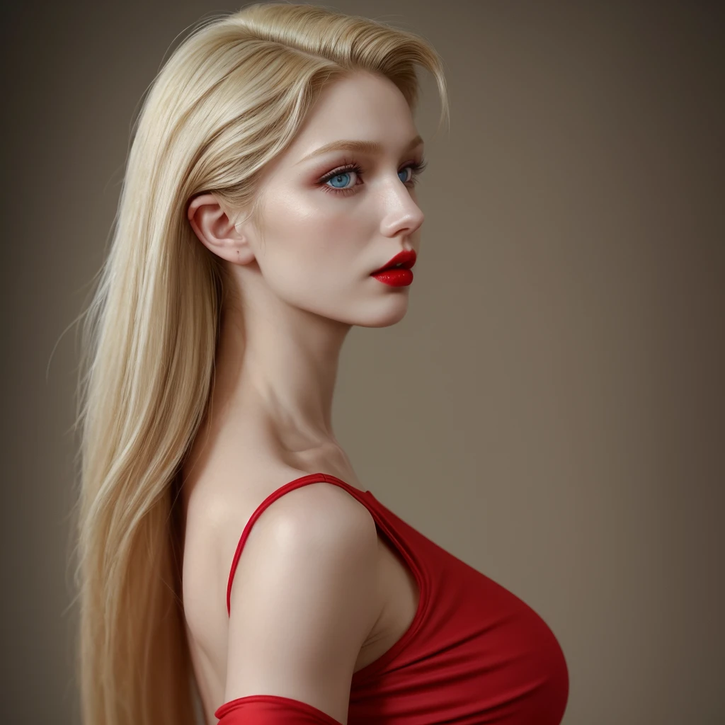 slavic woman, from the side , looking ahead, short tight dress, masterpiece, photographic quality, cinematic, long blonde hair, Red lips, very beautiful, quality skin texture. 