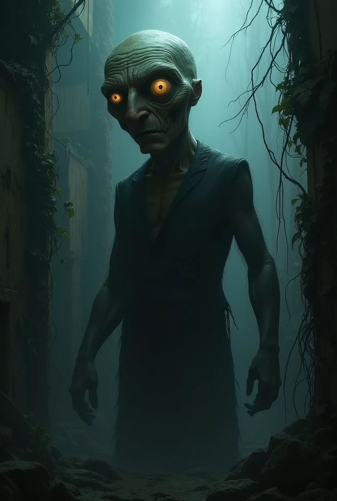 Draw a guy with a very large head, horror inside, with a tense atmosphere