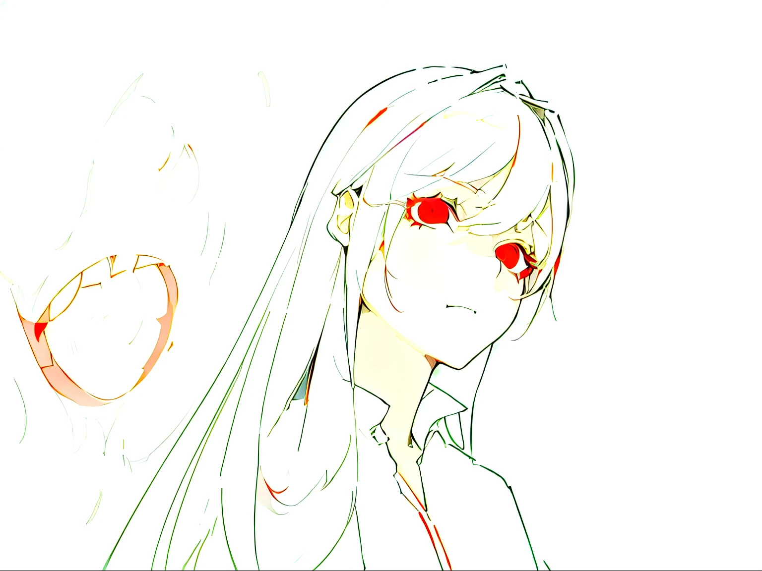 anime drawing of a woman with long white hair and red eyes, with red glowing eyes, ((red)) Bag Eye, with glowing red eyes, with red eyes, red eyes glowing, flat anime style shading, fully red eyes no pupils, his eyes are red and glowing, anime shading), His eyes were bleeding profusely, Kapmoe Yandere