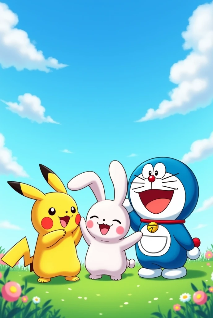 Pikachu left, a Cute Rabbit and Doremon from Doaremon anime. Three are having same size and laughing