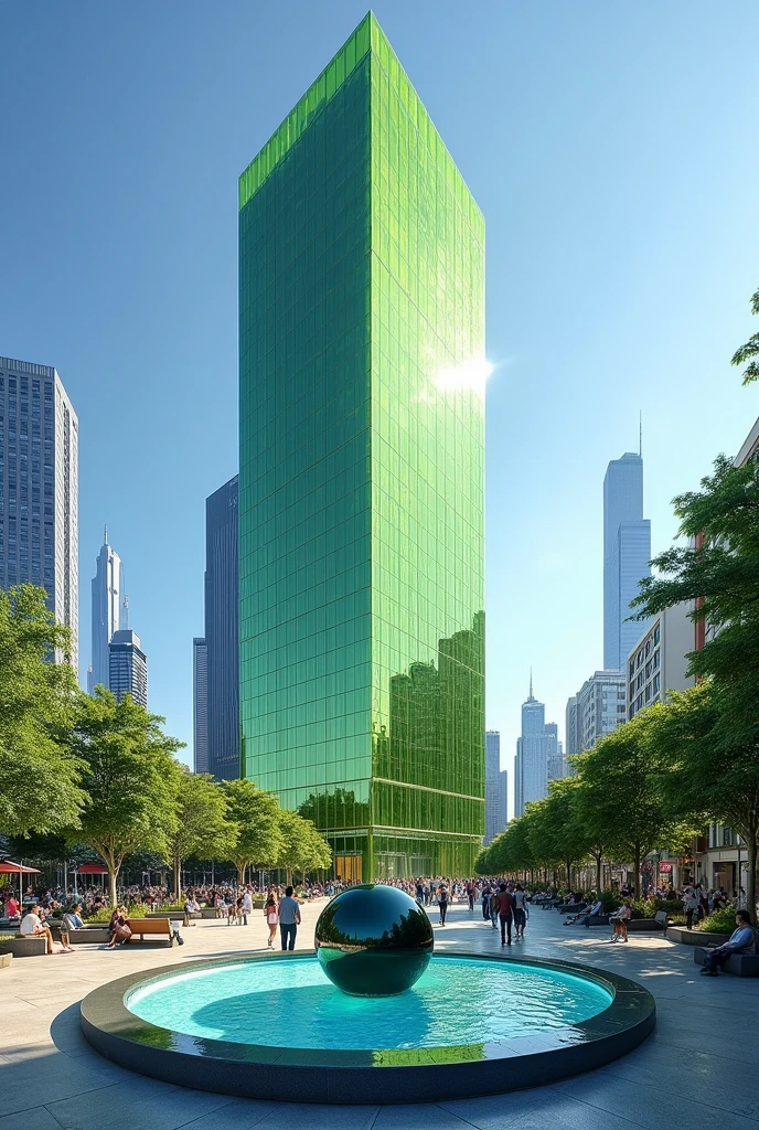 Generate a 105-story building as a summit of lime green and cyan glass with a plaza where people are on benches and visiting the building and a circular fountain with water and a dark blue and lime green globe