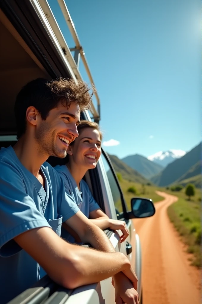 Create an image of a young man and a nurse in a 2010 Toyota Hilux traveling