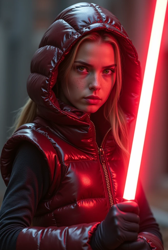  a slim ponytail 16 year old sith wielding her bright lightsaber fighting with her slim lightsaber-wielding jedi nemesis,beautiful detailed eyes,beautiful freckles,beautiful detailed lips,extremely detailed eyes and face,longeyelashes, wearing beautiful detailed skintight airtight covering-head hooded formfitting duvetica overfilled shiny super gleamy  thick glossy puffervest covering over her  padded high-collared pufferjacket, glossy latex  leggings,symmetrical,masterpiece,cinematic,lifelike,hyperrealistic,8k,photorealistic,highly detailed,intricate,exquisite,elegant,beautiful,stunning