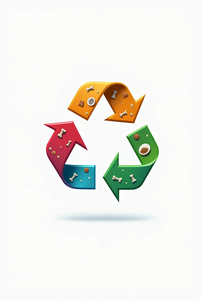 Create a logo with the recycling symbol, but the arrows are filled with animated images of dog bones and food bowls ( no dogs)