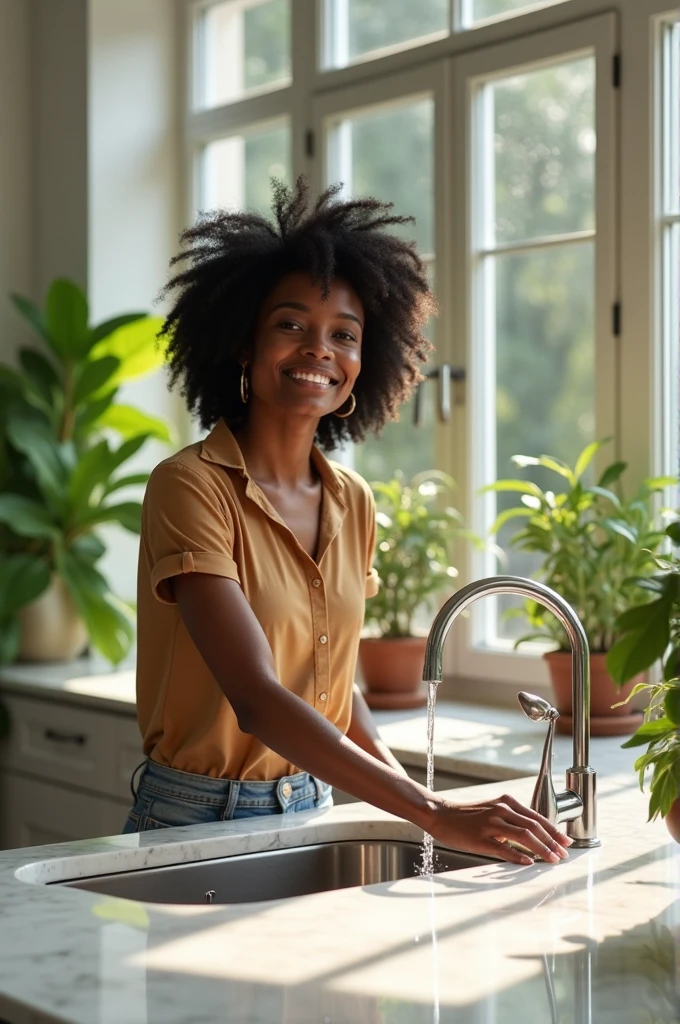  Black woman opening a faucet 