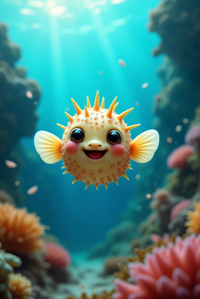 (photorealism:1.2)puffer fish , baby, happy, thorns