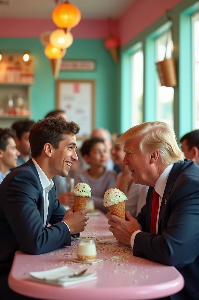 a man holding ice cream with donald trump in a room