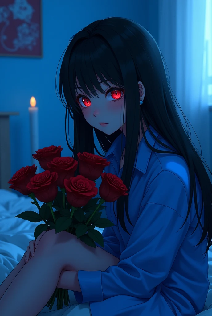 crying. jealous. falls in love quickly but never forgets. loves roses. favorite color is bright blue. have sad memories. her hair is black. with red eyes and a blue shirt. sad-eyed girl. she'-year. shekes Ado's songs 