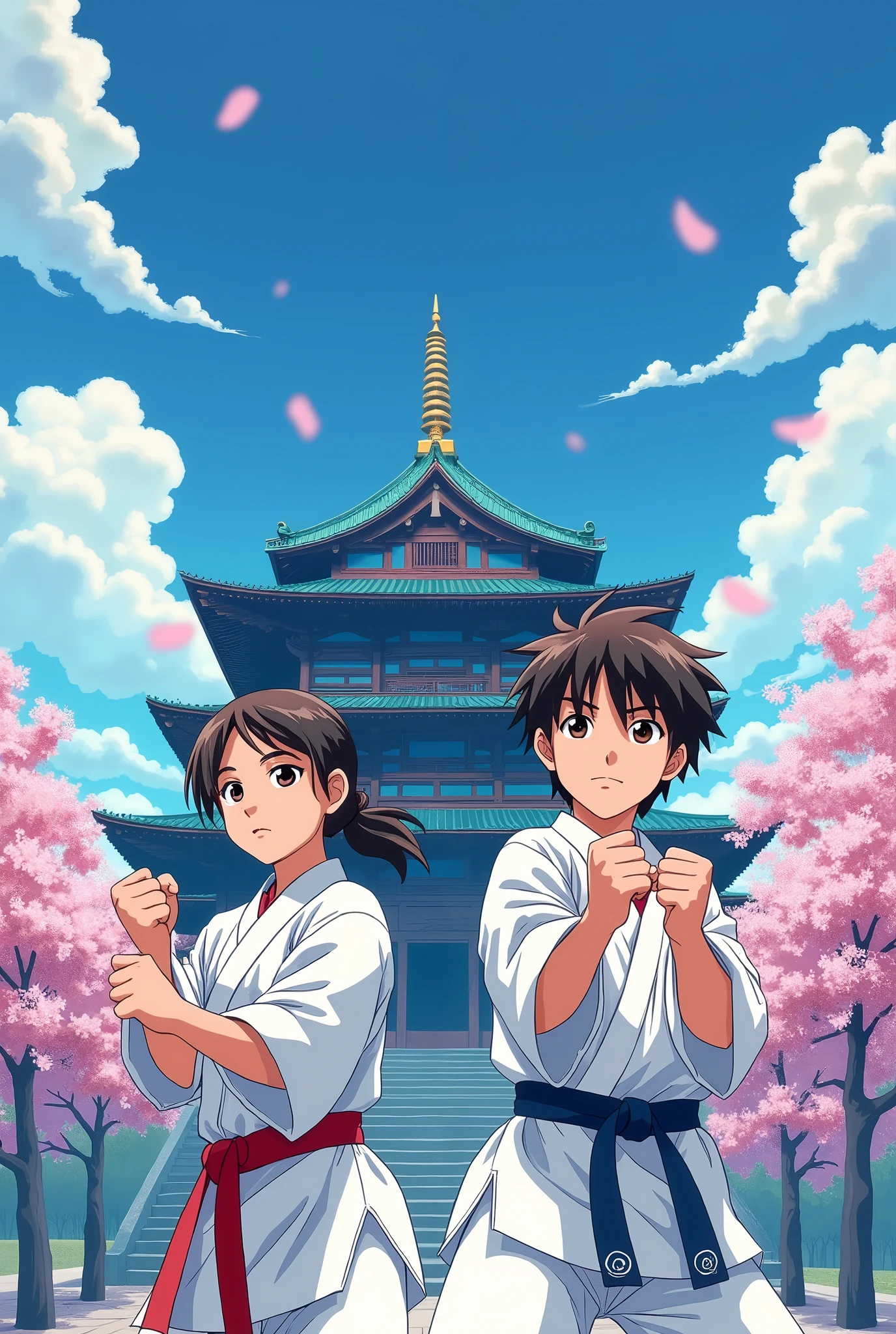 create a poster for karate classes with a boy and a girl in white kimonos (no logos) in a japanese temple wiht a blue sky in a manga style