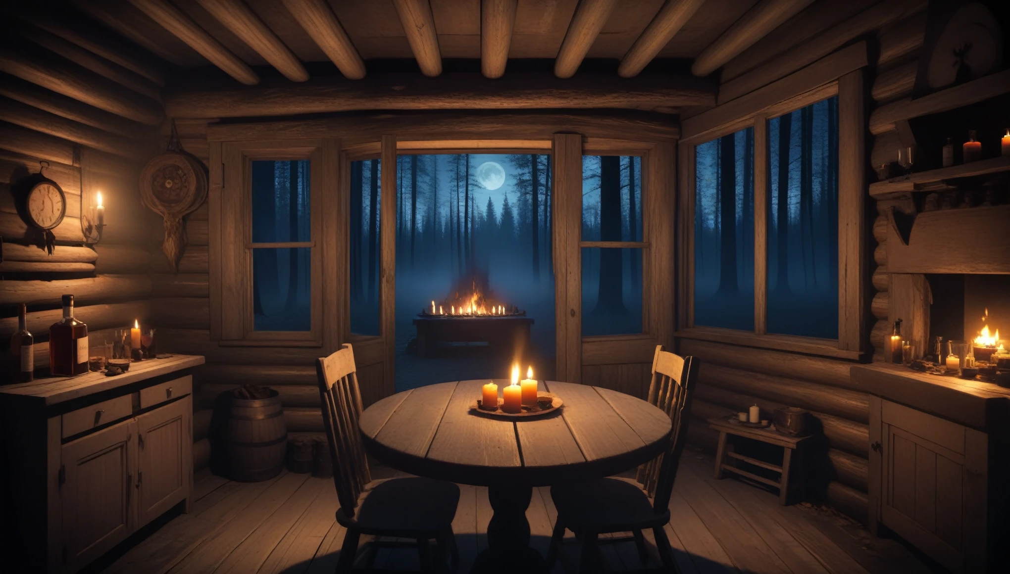 at night frontal shot old scary cabin interior, tables with whiskey and candles, a big window in the center looking out at a scary forest