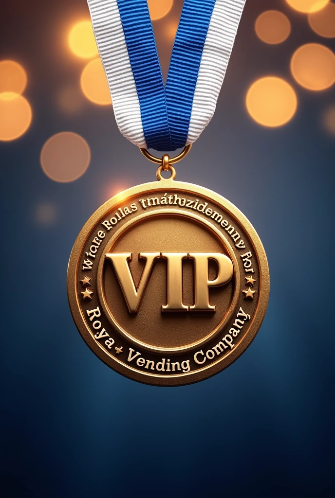 (Photorealism:1.2), beautiful medal with two-color ribbon((blue and white colors))necklace pendant "VIP 1", ((Hyper-Realism)), make this medal as a celebration of "VIP 1" from the company, paying homage, Write the name : ((Raphael Fraga Damaceno, from Royal Vending Company)).