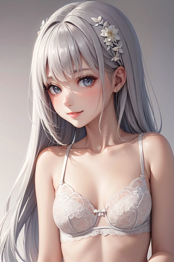 Best Quality,High resolution,8k,(plain white background, no patterns, no textures, just a plain white background:1.3),Masterpiece:1.2),beautiful girl,Glossy romance gray hair,messy hair,Beautiful grey eyes,A set of lingerie featuring intricate lace detailing. The bra has delicate lace trim along the edges with a floral or geometric pattern, and adjustable straps with small, refined accents. The panties are designed with matching lace, featuring a soft, breathable fabric with a touch of elegance. The color scheme is sophisticated, such as soft pastels or classic black with subtle touches of gold or silver,Gentle look,A refreshing look,smile,Best quality,Best Quality,Aesthetic and aesthetic:1.2,Best details((Super detailed))(High-definition CG illustrations),Slender body,smile,blush,cute,Scrounge,Looking up,Being spoiled,super model