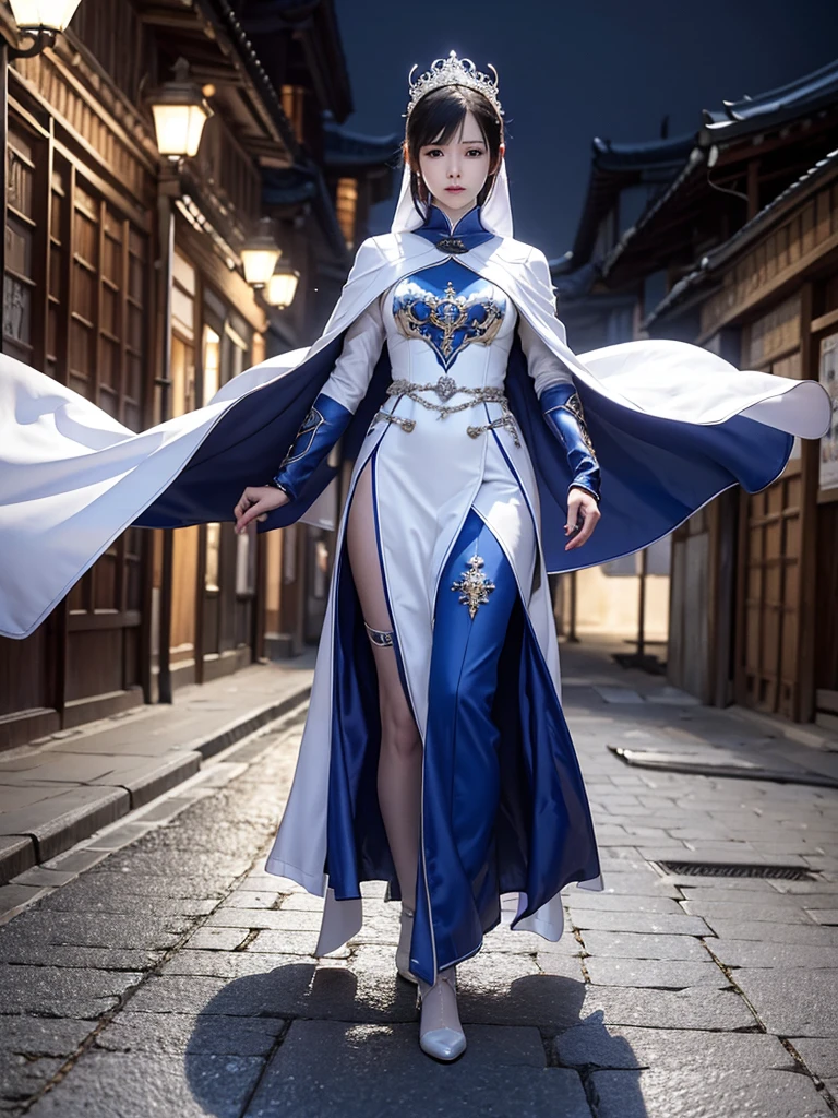 South korea walk women mystery hooded on with modern royal Blue coat with long and wide sleeves with buttons and royal Blue cape and very high white heel over the knee and white gloves, As she reveals a small secret hidden blade coming from his palm , adding to the characters mysterious, with small movements of air on the cape, in summer at night under the rain,medieval south korea house. sophisticated and highly detailed, ultra hd, realistic, hyper detailed, enhanced colours, ultra sharp focus, with vibrant, rich in details High quality, gorgeous, captivating, 8k, super detailed, stunning shadows, detailed lines, blood stain on coat and gloves, corpses in the street recently murdered,1girl,