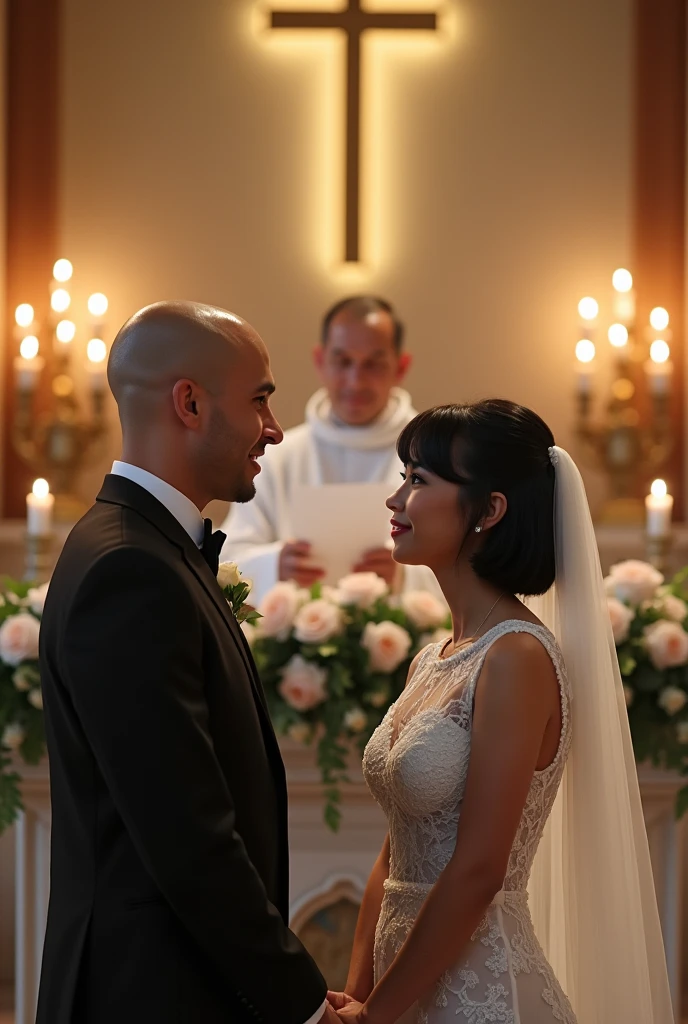 Realistic image in HD drawing of a couple getting married in church, he is dark-haired and bald, and she is whiter with short black hair touching her shoulder and with a priest celebrating the wedding. 