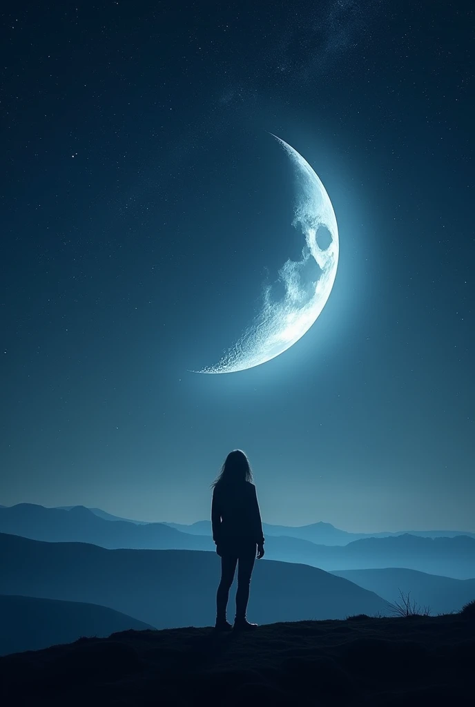 Highest quality,Big moon and shadow,A silhouette of a person can be seen against the backdrop of a large crescent moon..,There is one crescent moon,I have a feeling,Beautiful views,Starry Sky