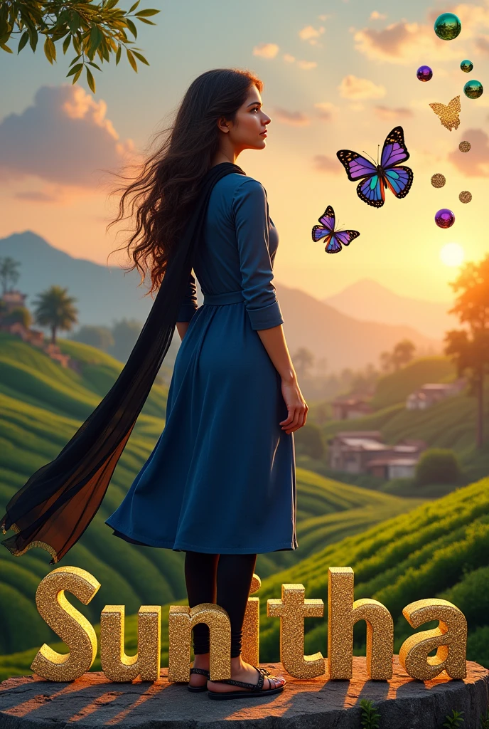 Beautiful cute short girl aged 18, standing on stone in middle of hills, have long hair and wears ear rings and wears  smart watch to her left hand and wears blue colour full hands dress and black scarf  which is flying due to air and  black colour legin pand and wears Black colour chappal and seeing right side and sky in sunset mood, in background village and trees and green crops and House written as SUNITHA name on the sky at her background with 3D metallic golden glitter with metallic silver heart, metallic purple butterfly, metallic green peal. Everything in front 3D rendering, typography, 3d render, poster, fashion
