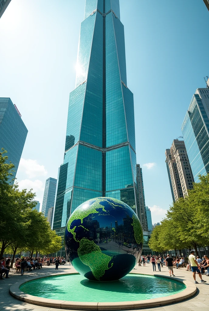 Generates a 105-story building as a lime green and cyan glass rectangle with a plaza where there are people on benches and visiting the building and a circular fountain with water and a dark blue and lime green globe.