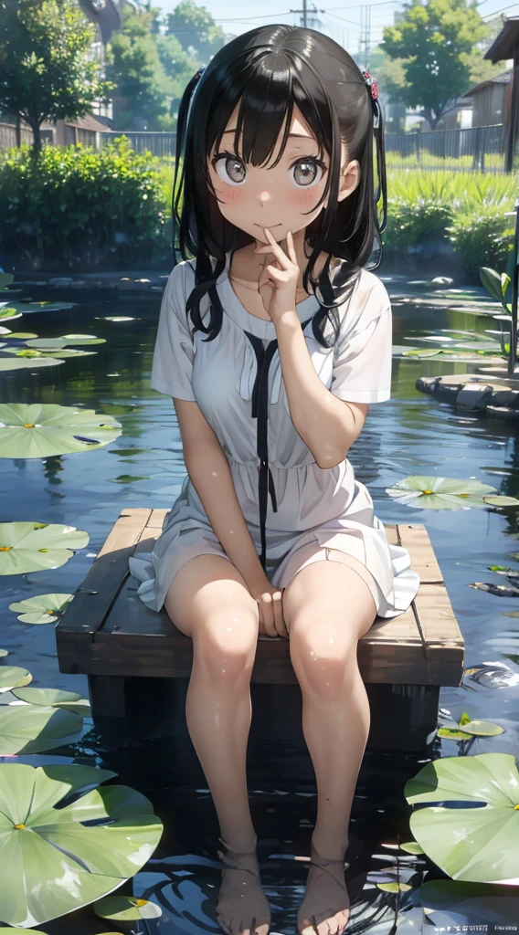 A girl sits on a leaf, (White clothing), fresh colors, There is a plush toy, guvez style artwork, Popular on cgstation, illustrated by Li Song, soft anime, lying on a water lily mat, sitting on a lotus flower, sweet and careful digital art, cute art style, in the pond, Yang J, cute digital art, Guvitz, sitting by the pond