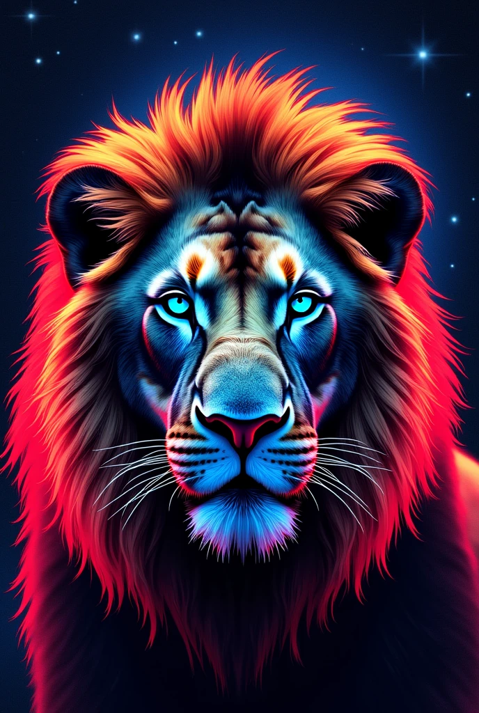 A lion's head, neon lights in the background, Night with stars, Portrait, Lion from the front, neon lights around the lion, black and red, trash Polka, artwork, realisti,