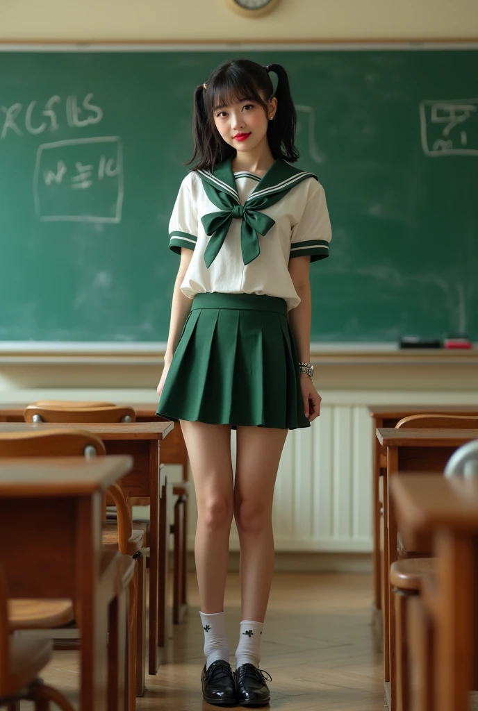 Pin-up girl pose, Expressive, in front of the classroom, dressed like a teacher, blackboard, Bright red lipstick, Teacher's desk, Teacher-style outfit, Girly decorations, Short green miniskirt high school girl、Sheer sailor suit(buzzer服、Wet and transparent)、Navy Pleated Skirt、socks、loafers、ponytail、school bag、buzzer、Sudden Sunset(rain)、