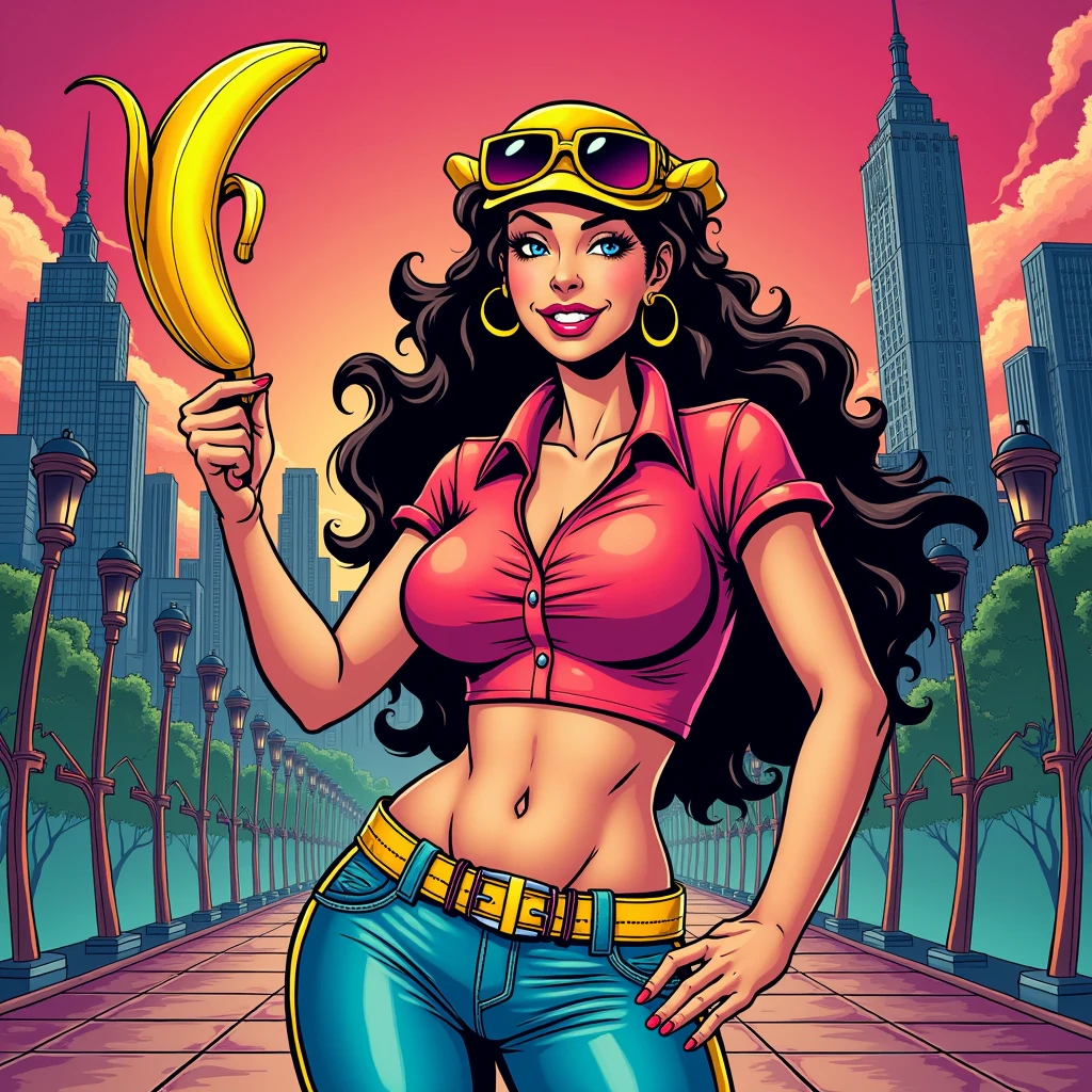 A busty girl with a banana in her hand, в стиле комиксов 90-х годов