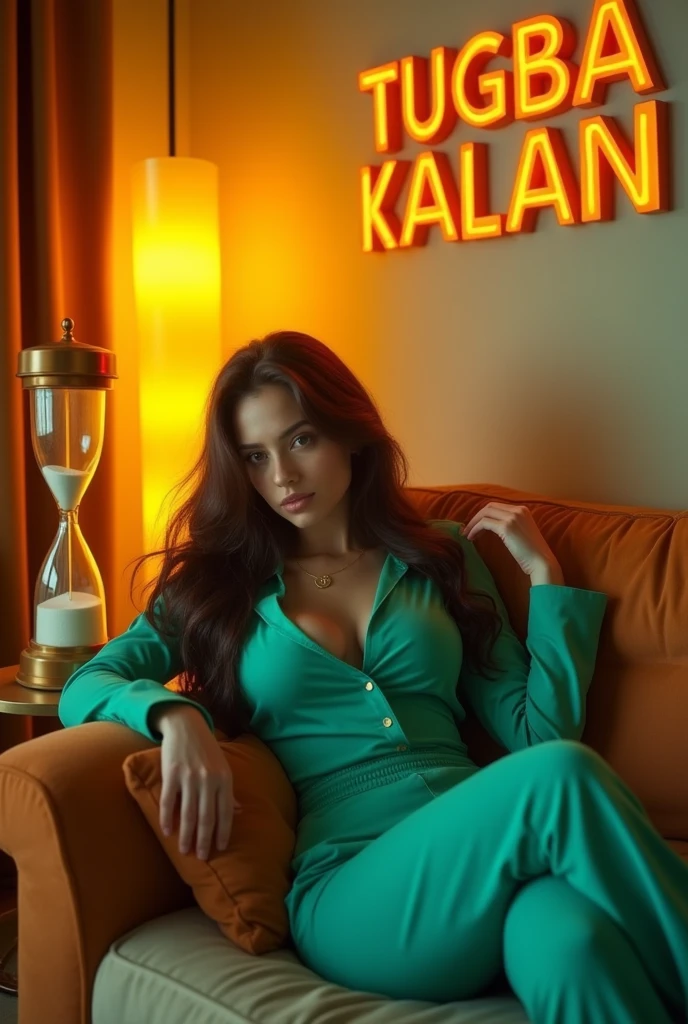THE ROOM SHOULD BE WITH YELLOW ORANGE LIGHTS AND A YOUNG BRUNETTE WOMAN WEARING TURQUOISE GREEN SHOULD SIT ON THE SOFA. . "TUGBA KALAN" IS WRITTEN ON THE WALL WITH A 3D LOGO. LET IT BE A LONG HOURGLASS.