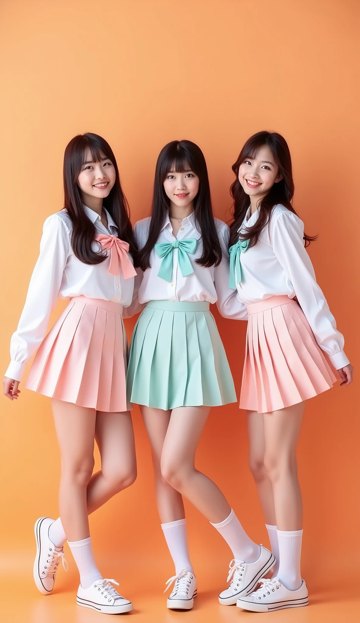Three young women in school uniforms posing for a photo., official artwork, uniform JK, official fanart, kda, official, Red velvet, soft on _ the bottom, Seifuku, promotional shot, sakimichan, Profile picture, eeri, korean Idol, ulzzang, Idol, Jaeyeon Nam, K-pop, solid background, -north 2