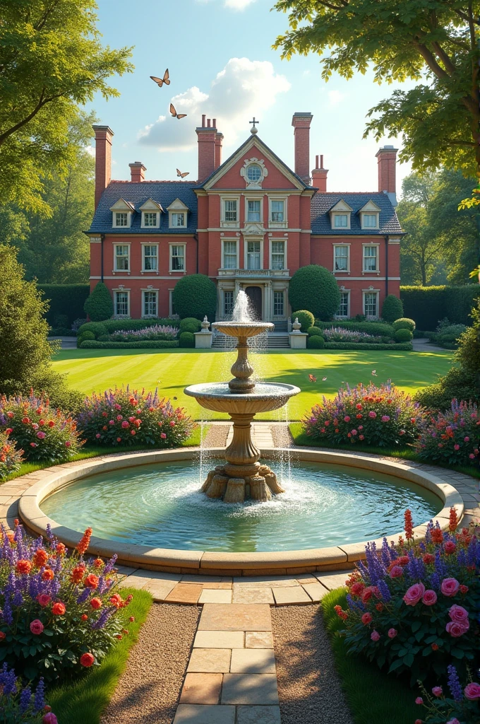 One field,an English-style mansion in the background ,side gardens,and a fountain forming a circle right in the middle