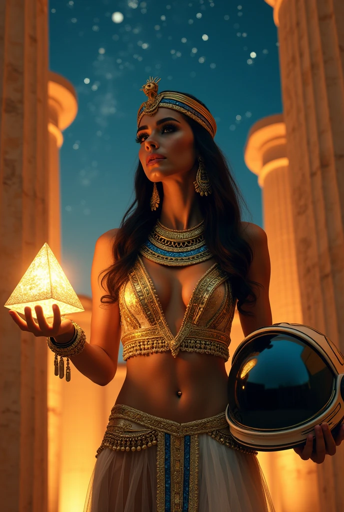 a surreal and highly eye-catching image of Cleopatra, the last pharaoh of Ancient Egypt, depicted in a sensual and luxurious manner. She should be fully framed within the image, wearing intricate, revealing Egyptian attire with a deep, attention-grabbing neckline. In one hand, she holds a small pyramid, symbolizing ancient Egypt, while in the other, she holds a futuristic representation of the Moon landing, such as an astronaut helmet or a small lunar module. The background should blend elements of ancient Egyptian architecture with a starry night sky to emphasize the surreal connection between the two eras. Cleopatra's expression should be confident and alluring, with dramatic, warm lighting to highlight her features and the contrast between the ancient and modern elements. Render in 4K quality, in the style of artstation trend, cinematic, thriller.