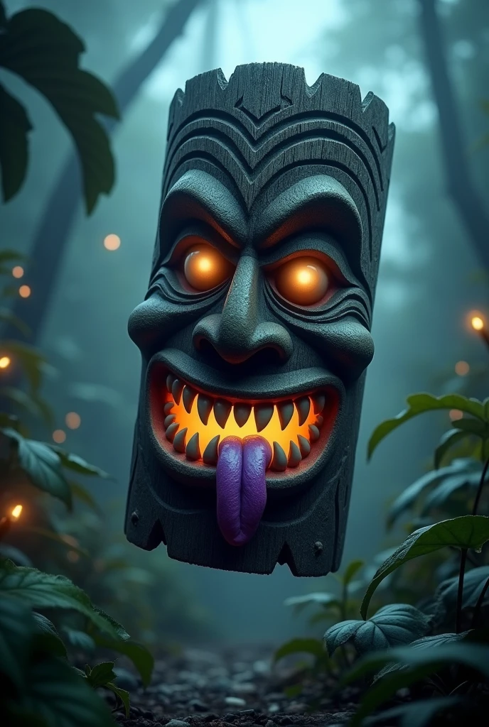creepy tiki mask, smiling, toothy smile, tongue hanging out of mouth, purple tongue, floating in the air,