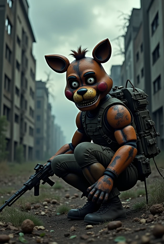A post-apocalyptic soldier using half of a destroyed and broken Foxy animatronic mask from Five Nights at Freddy's as camouflage. (just the mask)