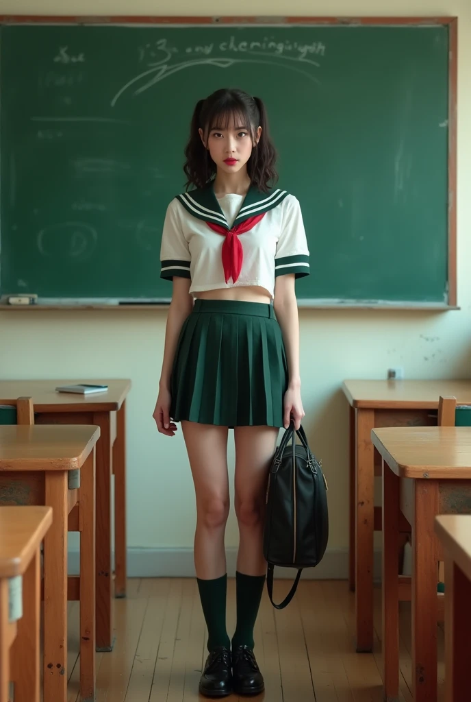 Pin-up girl pose, Expressive, in front of the classroom, dressed like a teacher, blackboard, Bright red lipstick, Teacher's desk, Teacher-style outfit, Girly decorations, Short green miniskirt high school girl、Sheer sailor suit(buzzer服、Wet and transparent)、Navy Pleated Skirt、socks、loafers、ponytail、school bag、buzzer、Sudden Sunset(rain)、