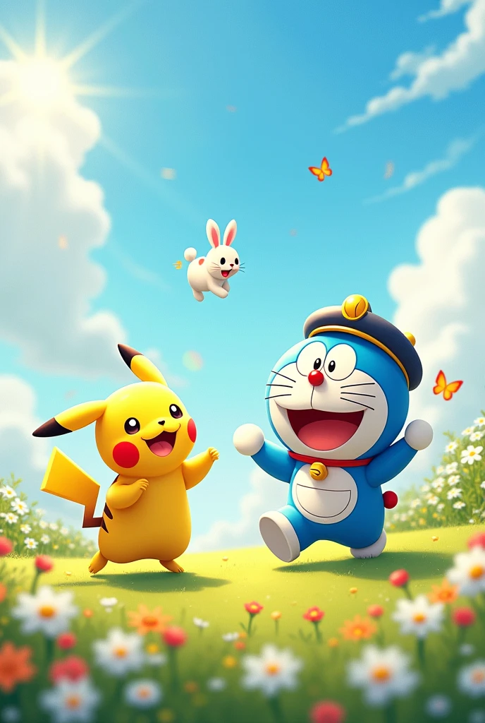 Pikachu left, a Cute Rabbit and Doremon from Doaremon anime. Three of them are Haveing fun together