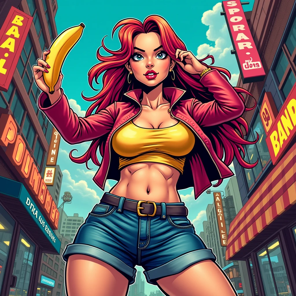 A busty girl with a banana in her hand, в стиле комиксов 90-х годов