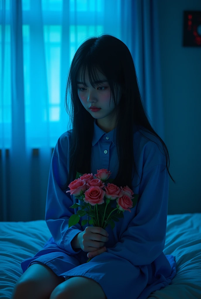 crying. jealous. falls in love quickly but never forgets. loves roses. favorite color is bright blue. have sad memories. her hair is black. with red eyes and a blue shirt. sad-eyed girl. she's 17-year-old. she likes Ado's songs