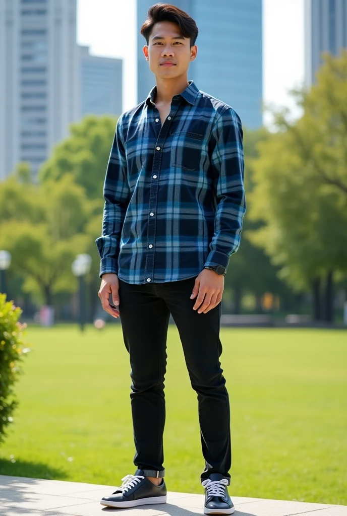 please make me a realistic photo of a 25-year-old Asian man with a handsome face oval full body, wearing a long sleeved plaid shirt in a blue color combination, wearing black jeans, wearing black shoes with white lis, being dudk outdoors, with the background of a city park in the bright daytime.