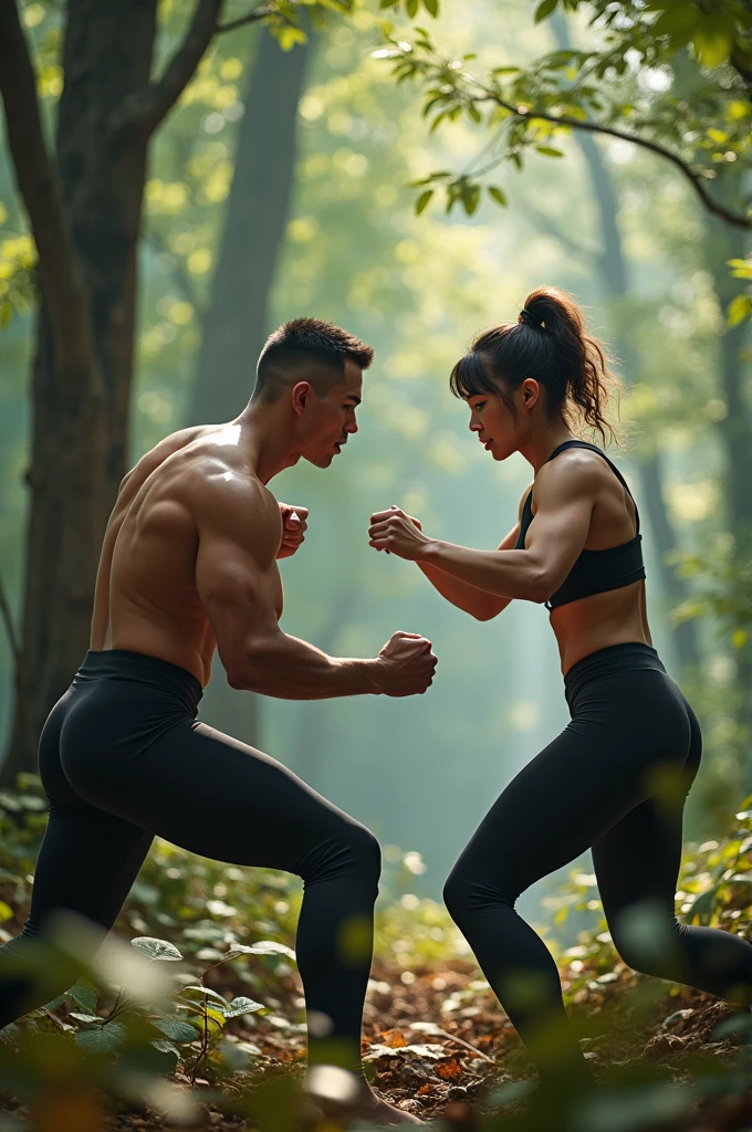 Young muscular white man leggings bulg fights against muscular asian woman in forest 