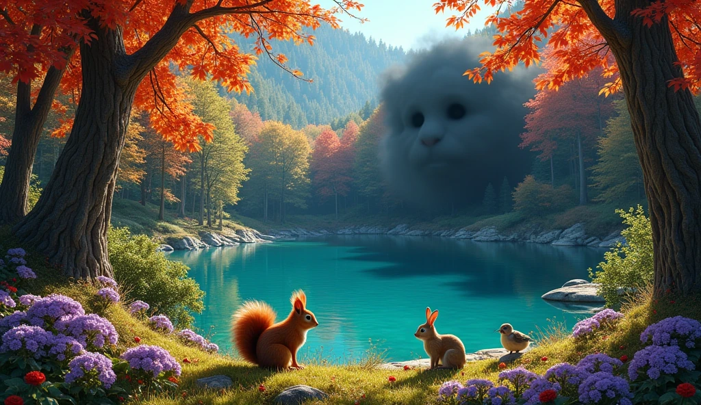 A forest covered with colorful trees and flowers. There is a long lake in the forest. There is a terrible shadow over the lake. There is a squirrel, a bird and a rabbit standing next to the lake. can you draw? A dark shadow must dominate in this image.