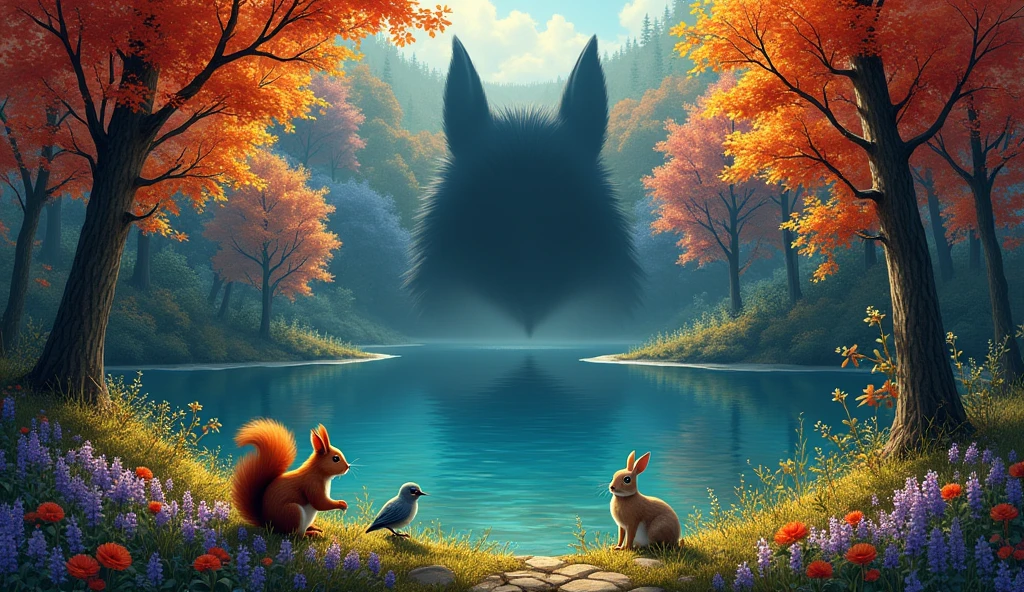 A forest covered with colorful trees and flowers. There is a long lake in the forest. There is a terrible shadow over the lake. There is a squirrel, a bird and a rabbit standing next to the lake. can you draw? A dark shadow must dominate in this image.