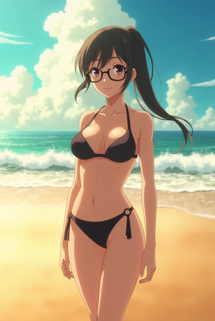 Anime screenshot, milf, high quality, milf, solo, ise nanao, glasses, folded ponytail, ((adult)) large breasts, collarbone, bare shoulders,  midriff, wide hips, ass, (slingshot bikini), beach, outdoors, cinematic,