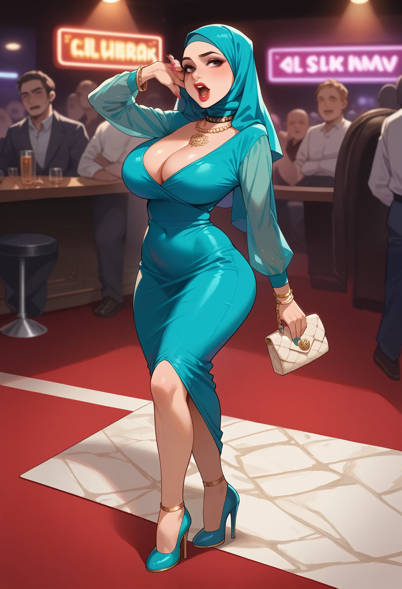 An Arabic woman, milf, with big natural breasts, big rounded ass, wide mouth, wear silk hijab, Turquoise mini dress, 7-inch high heels, collar it word "slut" written on it, make-up, lipstick, polished nails, body tattoos, standing in front of a nightclub, in red carpet, a nice car in the background, holding a luxury shiny purse in her hand, big cleavage.