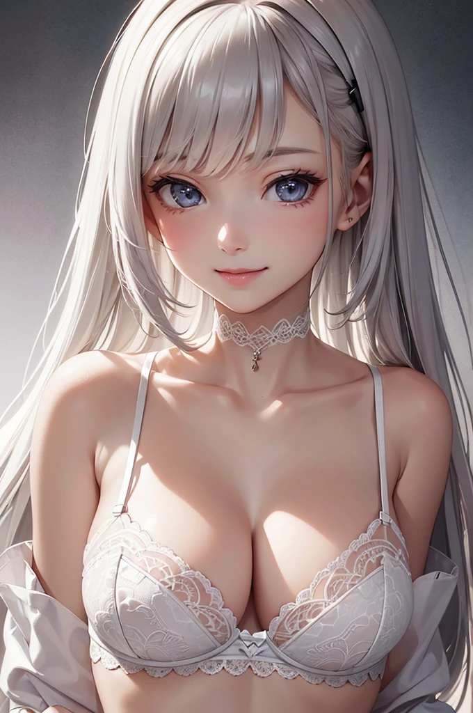 Best Quality,High resolution,8k,(plain white background, no patterns, no textures, just a plain white background:1.3),Masterpiece:1.2),beautiful girl,Glossy romance gray hair,messy hair,Beautiful grey eyes,A set of lingerie featuring intricate lace detailing. The bra has delicate lace trim along the edges with a floral or geometric pattern, and adjustable straps with small, refined accents. The panties are designed with matching lace, featuring a soft, breathable fabric with a touch of elegance. The color scheme is sophisticated, such as soft pastels or classic black with subtle touches of gold or silver,Gentle look,A refreshing look,smile,Best quality,Best Quality,Aesthetic and aesthetic:1.2,Best details((Super detailed))(High-definition CG illustrations),Slender body,smile,blush,cute,Scrounge,Looking up,Being spoiled,super model,wariza